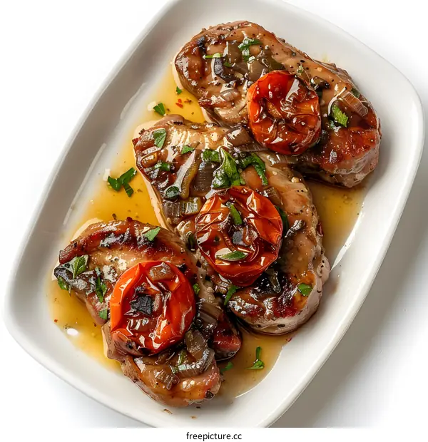 three pieces of meat with tomatoes and onions on a white plate