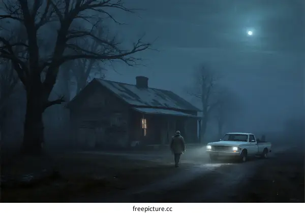 A Mysterious Night Scene with a Cottage and a Person