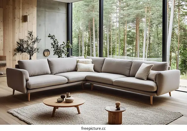 Modern Corner Sofa with Wooden Legs in a Natural Living Room