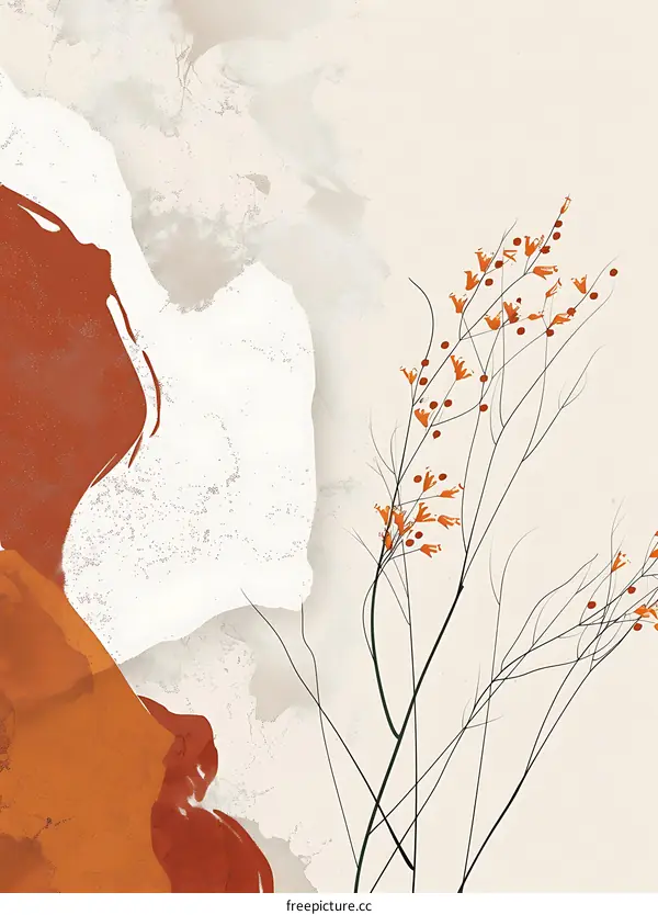 Abstract Minimalist Botanical Art Print with Orange Flowers and Brown Shapes
