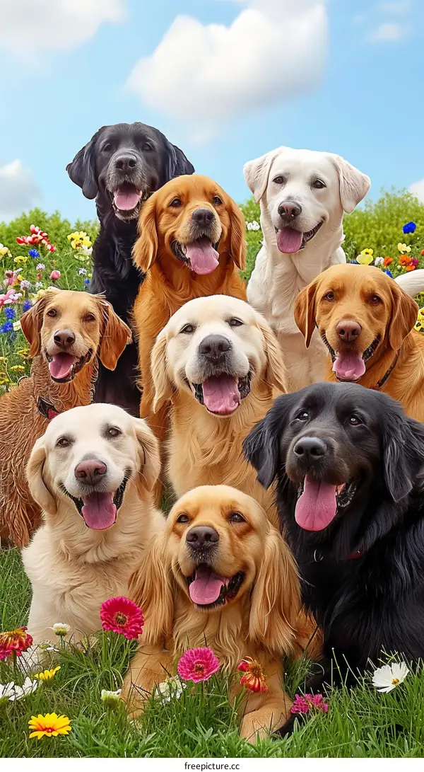 Group of Happy Dogs in a Flowery Field