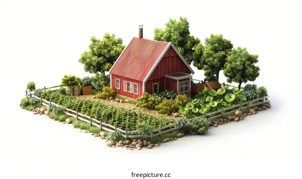 Red Wooden Farmhouse Surrounded by Trees and Farmland