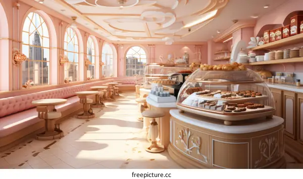 Pink Bakery Illustration with City View