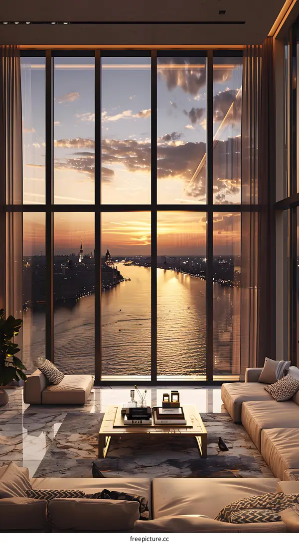 Luxury Living Room with Sunset City View