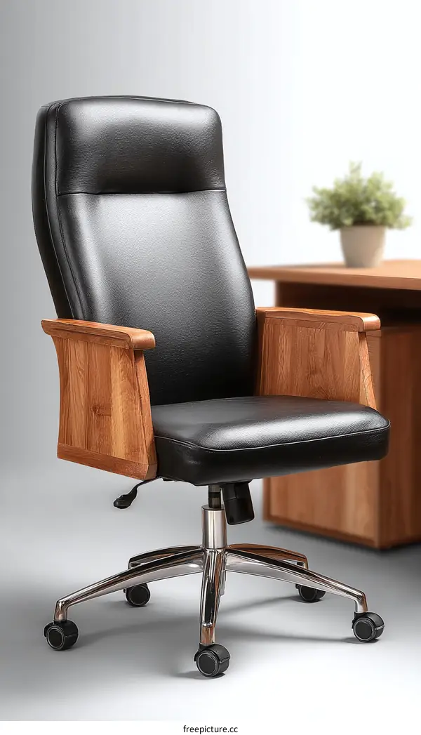 Modern Black Leather Office Chair with Wooden Accents