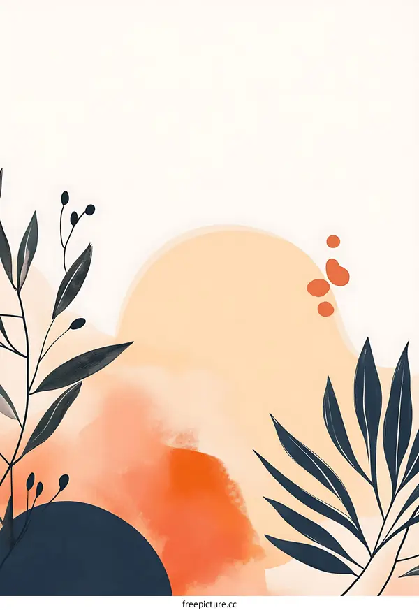 Abstract Watercolor Illustration With Leaves and  Orange And Peach Tones