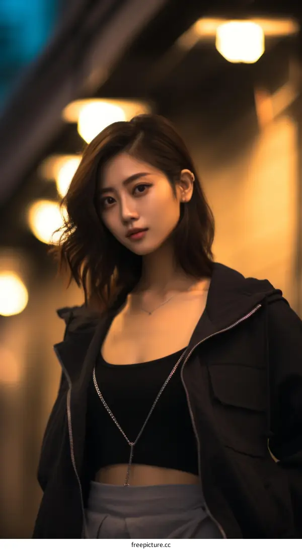 Portrait of a young Asian woman in a black jacket