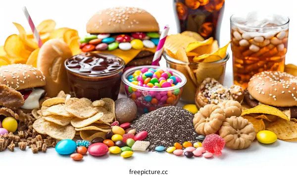A variety of junk food including burgers, candy, soda, and chips