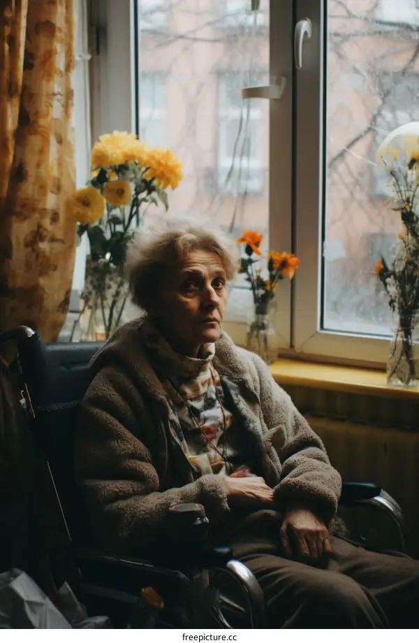 An elderly woman in a wheelchair sits by the window