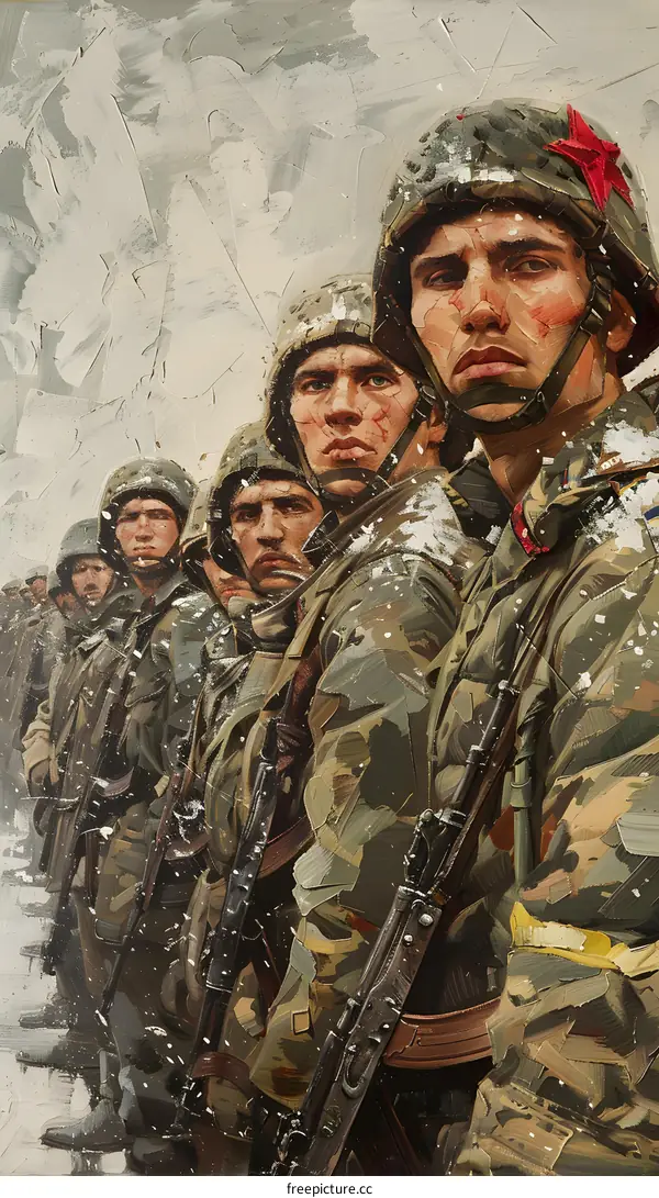 A group of soldiers in uniform with painted faces and red armbands