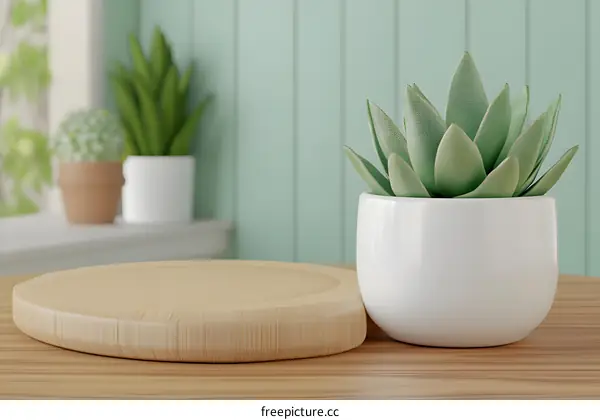 Minimalist Wooden Platform and Succulent Plant on Wooden Table