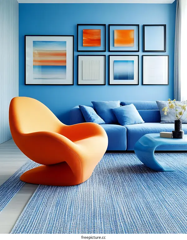 Modern Living Room with Blue Walls and Orange Chair