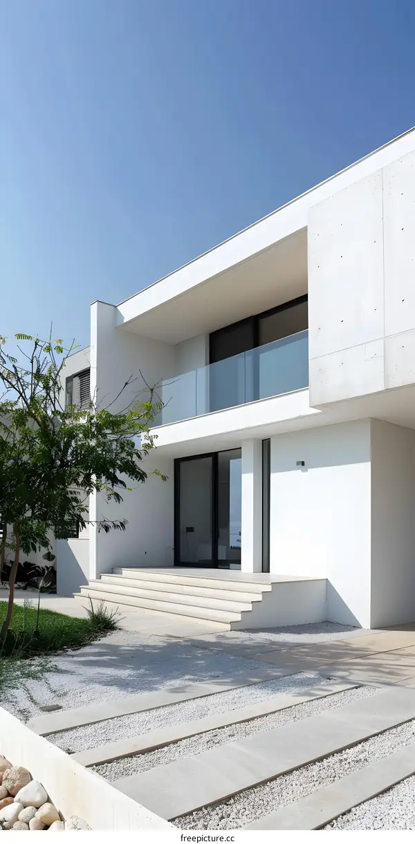 Modern Minimalist White House With Gravel Yard And Green Tree