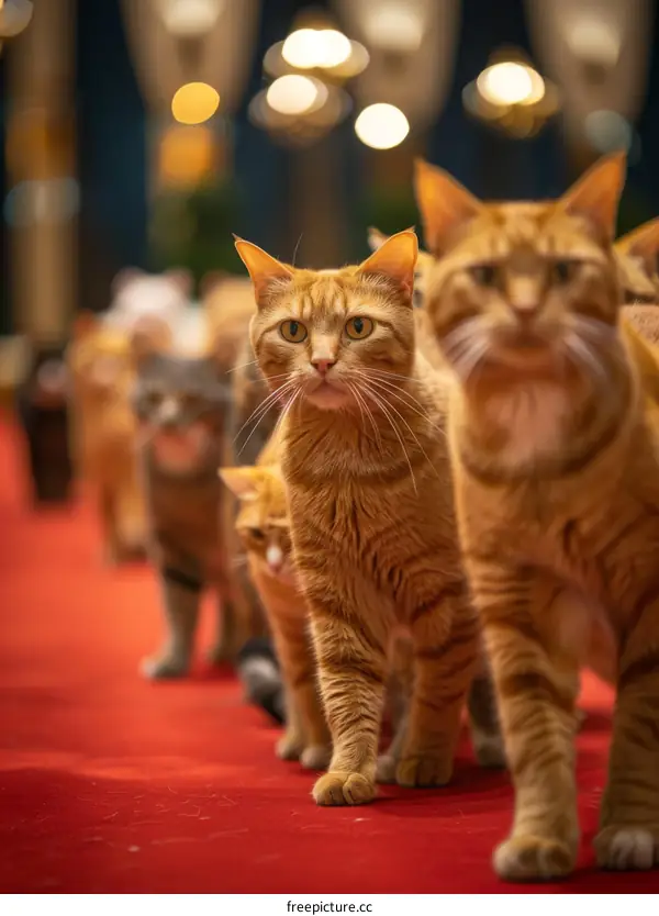 A group of ginger cats walking on a red carpet