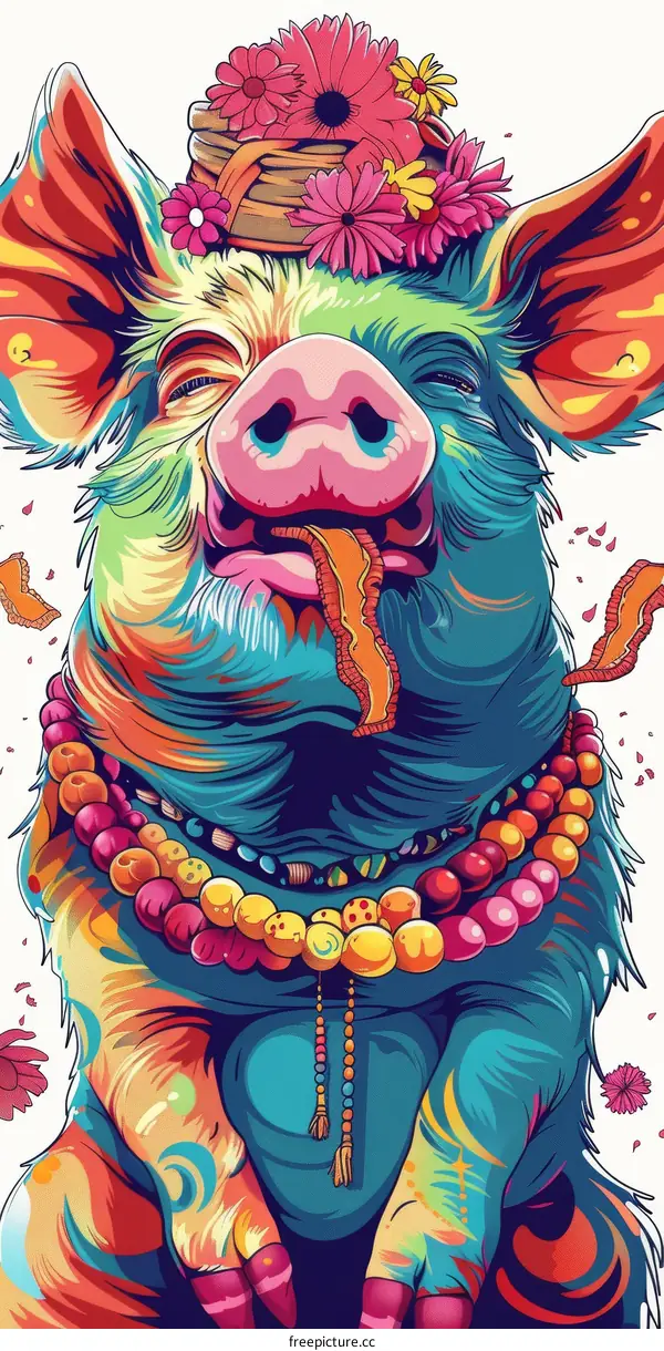 Psychedelic Pig Indulging in Bacon Bliss