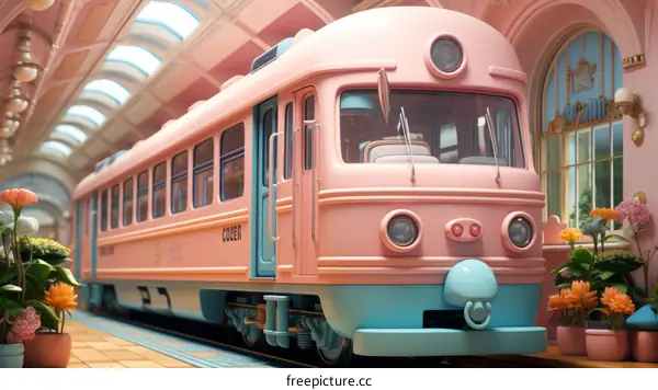 A pink and blue train sits in a pink and blue station