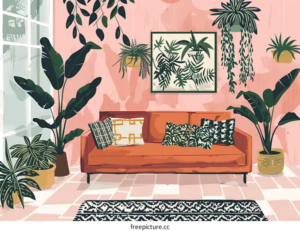 Living Room Interior Design with Plants and Sofa