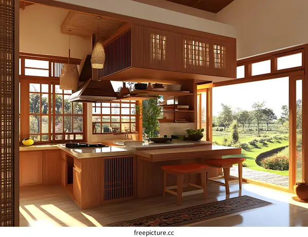 Modern Kitchen Design With Wooden Cabinets And Island Countertop