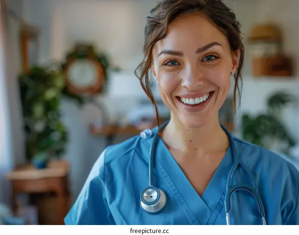 Portrait of a smiling female nurse wearing blue scrubs