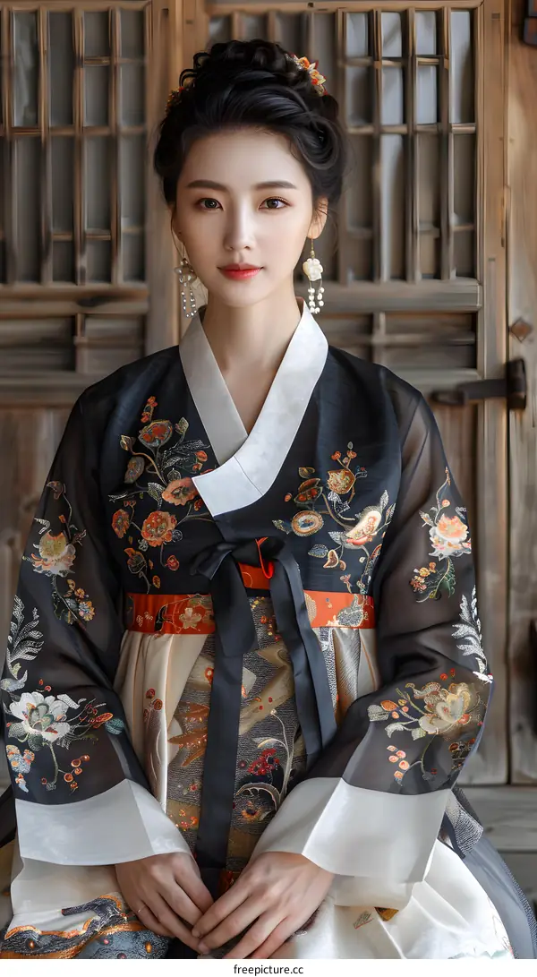 A young woman wearing a hanbok, a traditional Korean dress, is sitting on a floor.