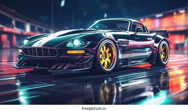 A black sports car with yellow headlights is on a wet road at night. The car is reflecting the lights of the city.