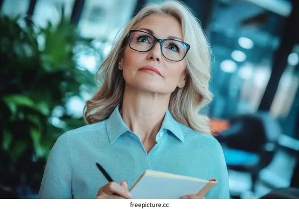 Thoughtful Woman Taking Notes in Office