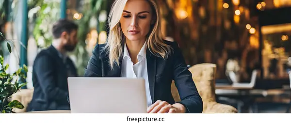 Woman Working on Laptop in Cafe