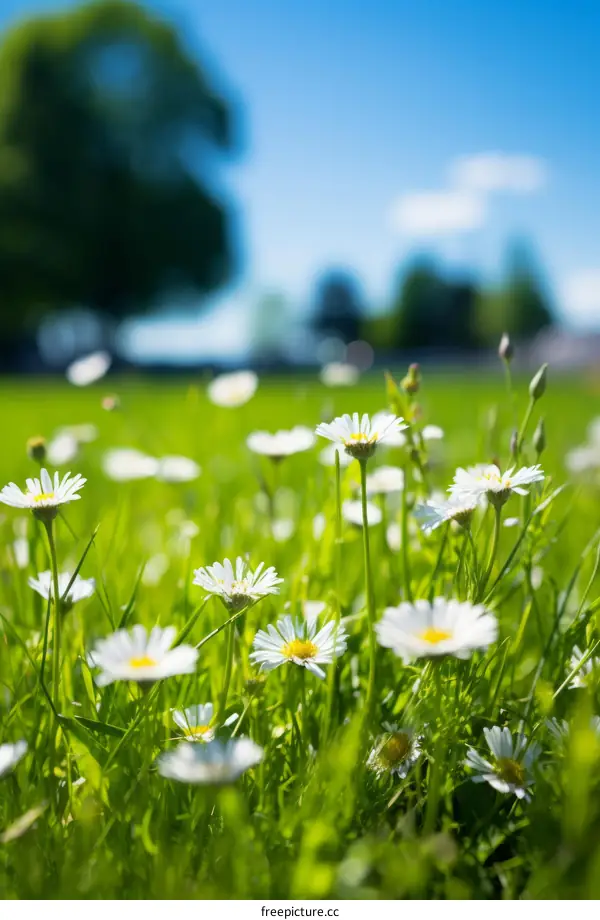 Field of daisies with a tree in the background