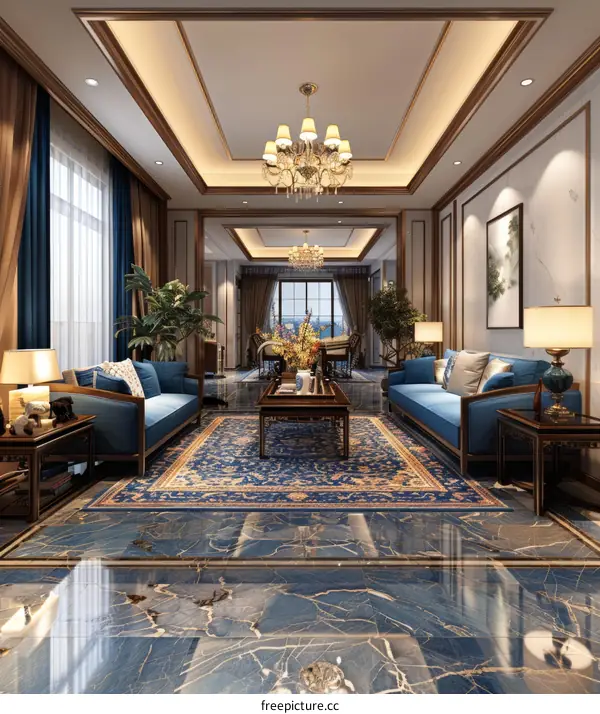 Blue & Gold Luxury Living Room Interior Design
