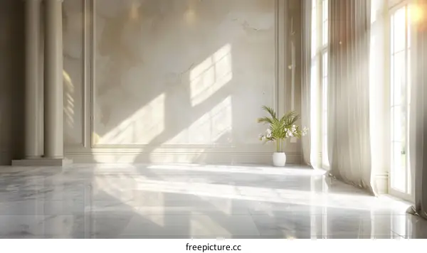 Elegant Empty Room with Sunlight Streaming Through Large Windows