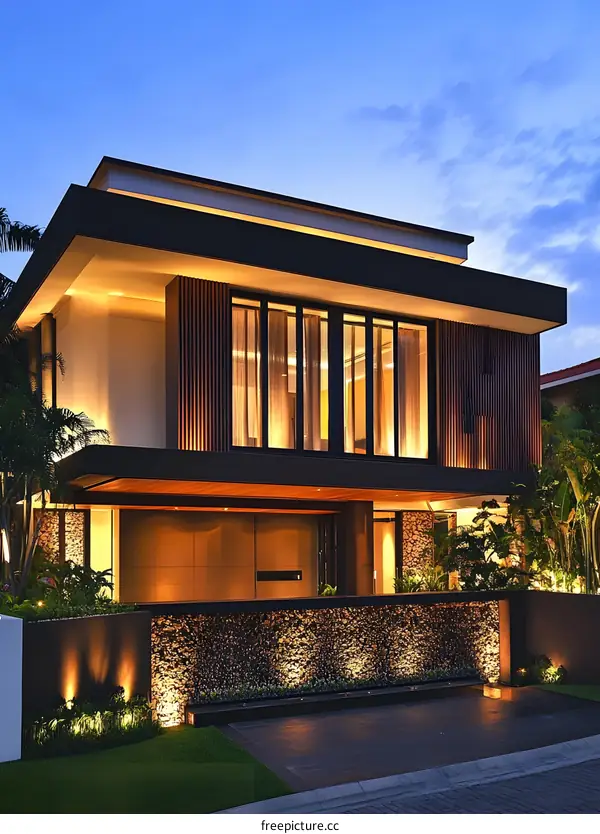 Modern Home Design with Stone Wall and Night Lighting
