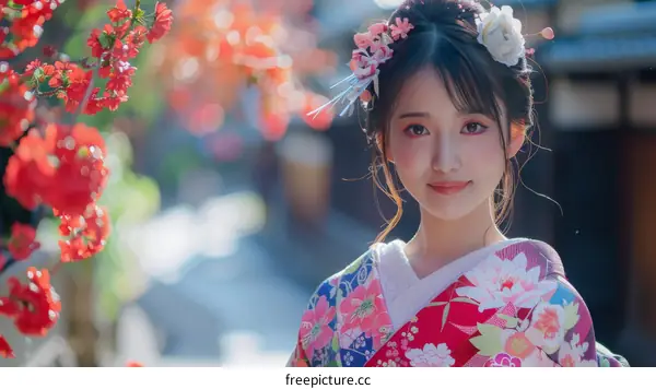 Portrait of a young woman in a kimono standing in a garden of cherry blossoms