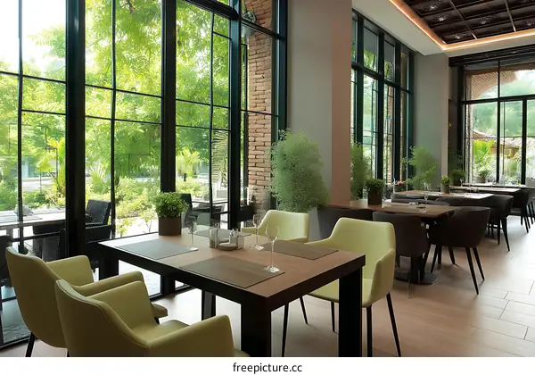 Modern Restaurant with Large Windows and Outdoor View