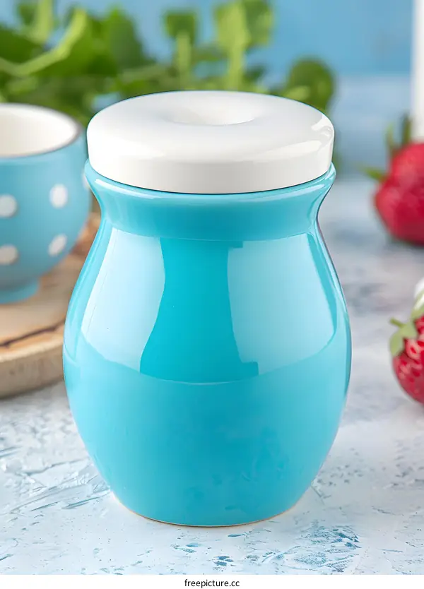 Blue Ceramic Sugar Jar With White Lid
