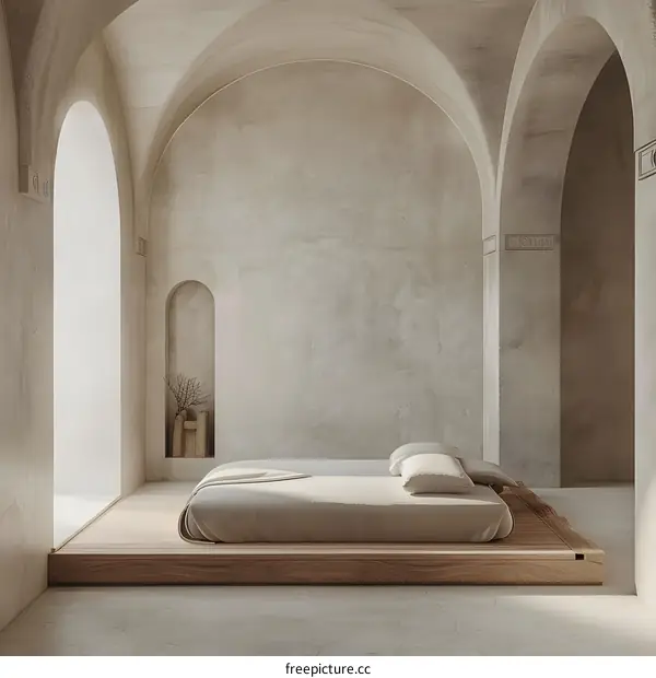 Minimalist Bedroom Interior Design with Arched Ceiling and Wooden Platform Bed