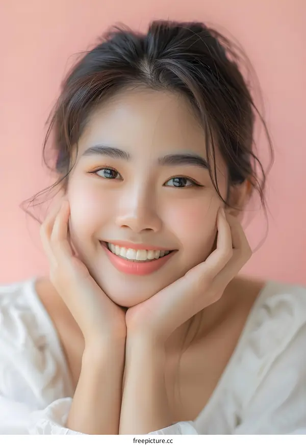 Portrait of a Happy Young Asian Woman with a Pink Background