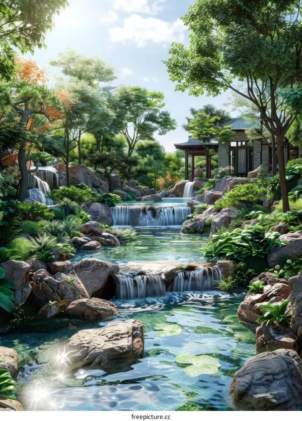 Lush Waterfall in a Tranquil Rocky Landscape
