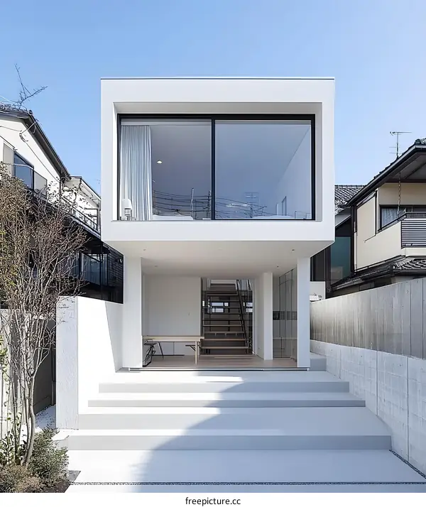 Modern White House with Glass Windows and Concrete Steps