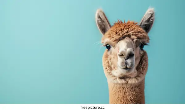 A fluffy brown alpaca looking at the camera with a curious expression