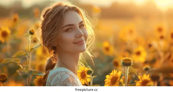 Portrait of a beautiful young woman standing in a field of sunflowers