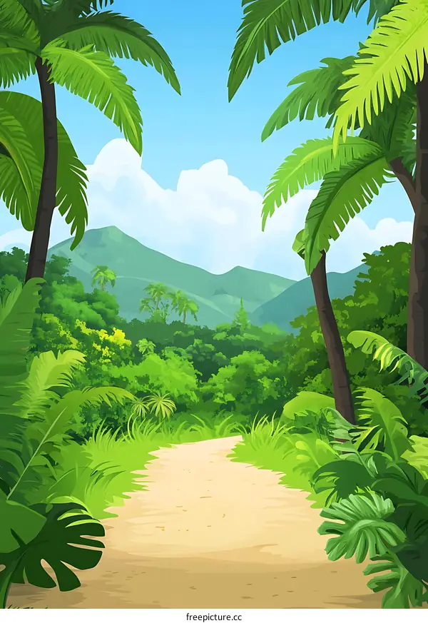 Jungle Path With Green Palm Trees And Mountains