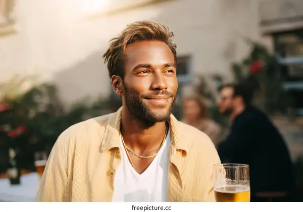 Smiling Man Enjoying Beer Outdoors