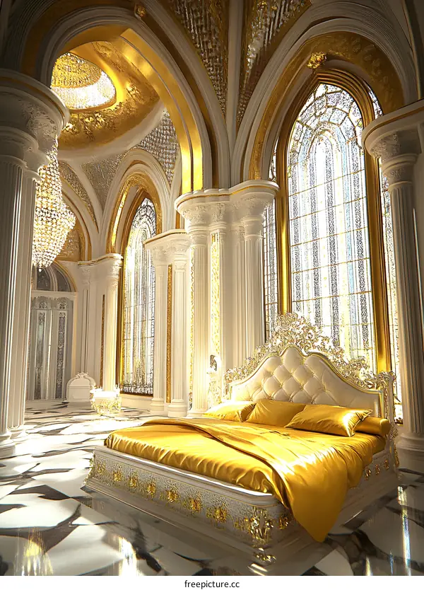 Golden Bedroom Interior Design with Large Windows