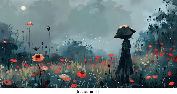 Woman in Hat Standing in a Field of Flowers