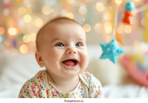 An adorable baby is sitting on a bed and looking up at a colorful mobile.