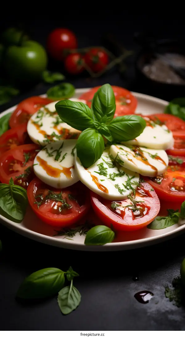 A delicious and healthy salad with fresh tomatoes, mozzarella cheese, and basil.
