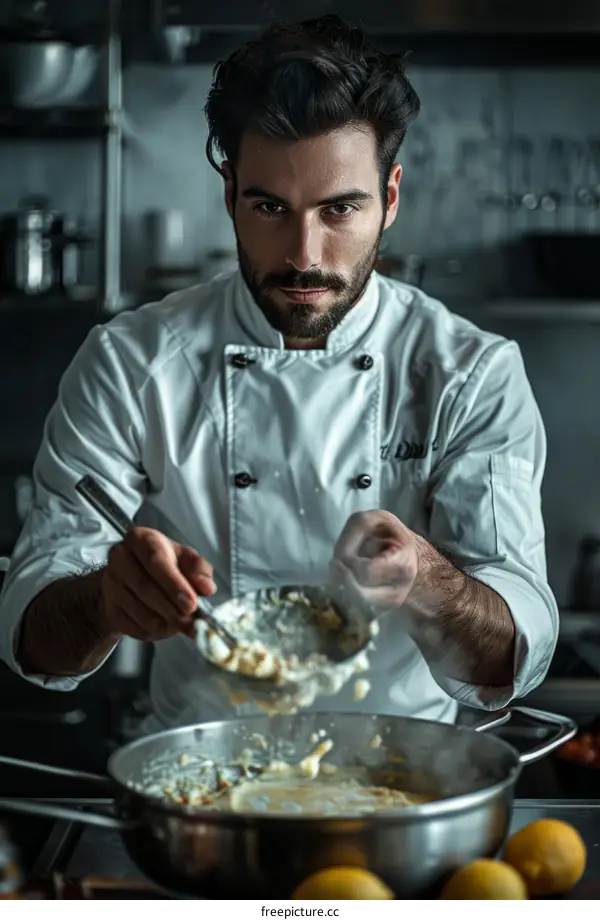 Portrait of a male chef in a white uniform cooking in a commercial kitchen