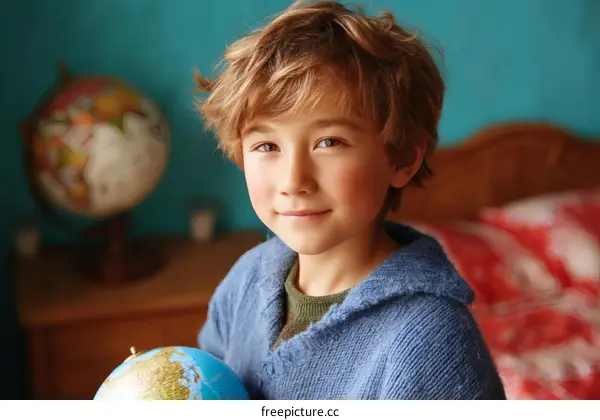A Child Holds a Globe in a Cozy Room