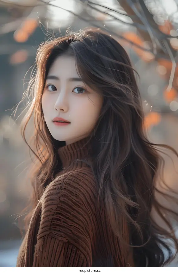 Portrait of Asian Woman with Long Hair in Brown Sweater