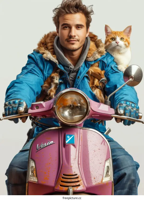 A man and his cat are riding a scooter